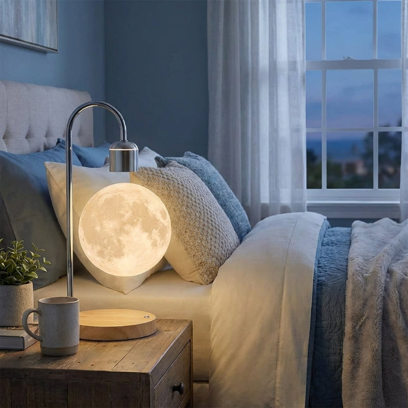 Levitating moon lamp glowing on bedside table