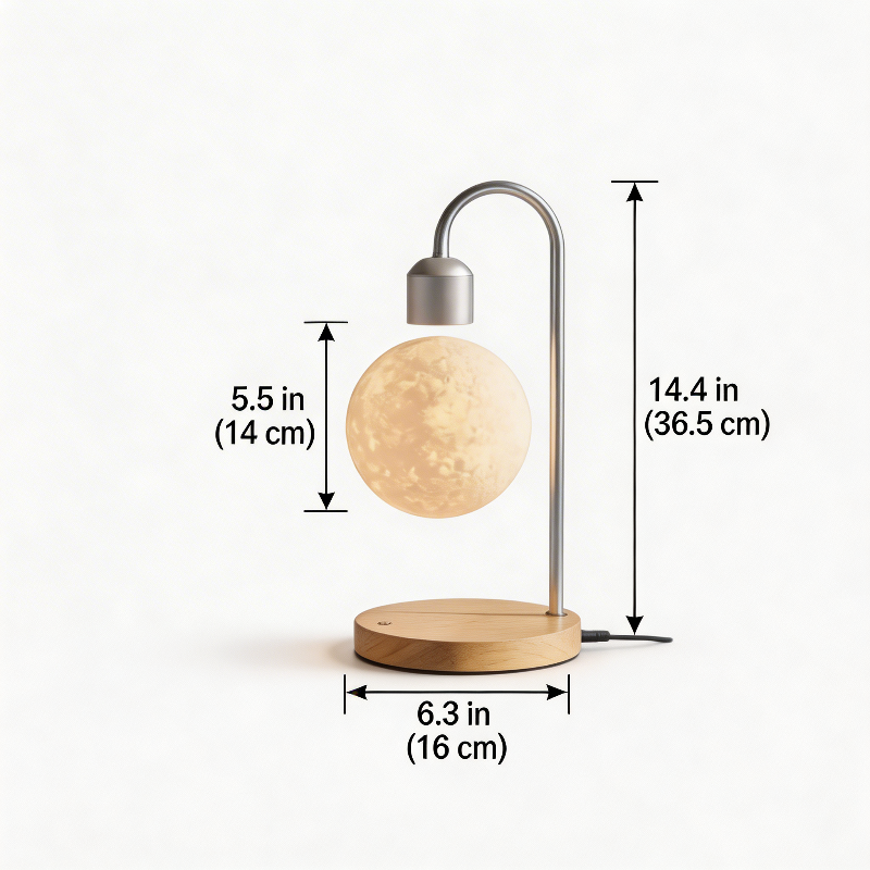 Selene floating moon lamp with wireless charging dimensions graphic
