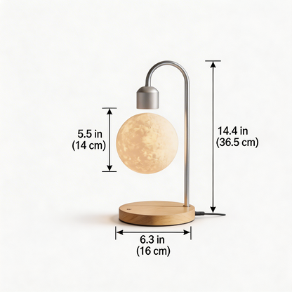 Selene floating moon lamp with wireless charging dimensions graphic