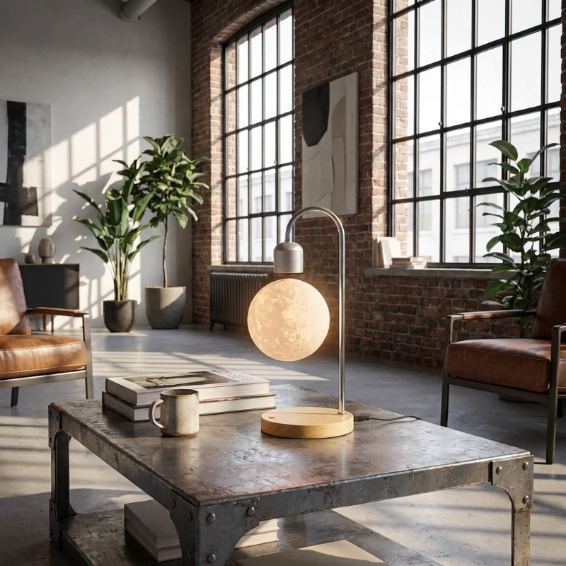 Selene floating moon lamp with wireless charging in bright loft interior