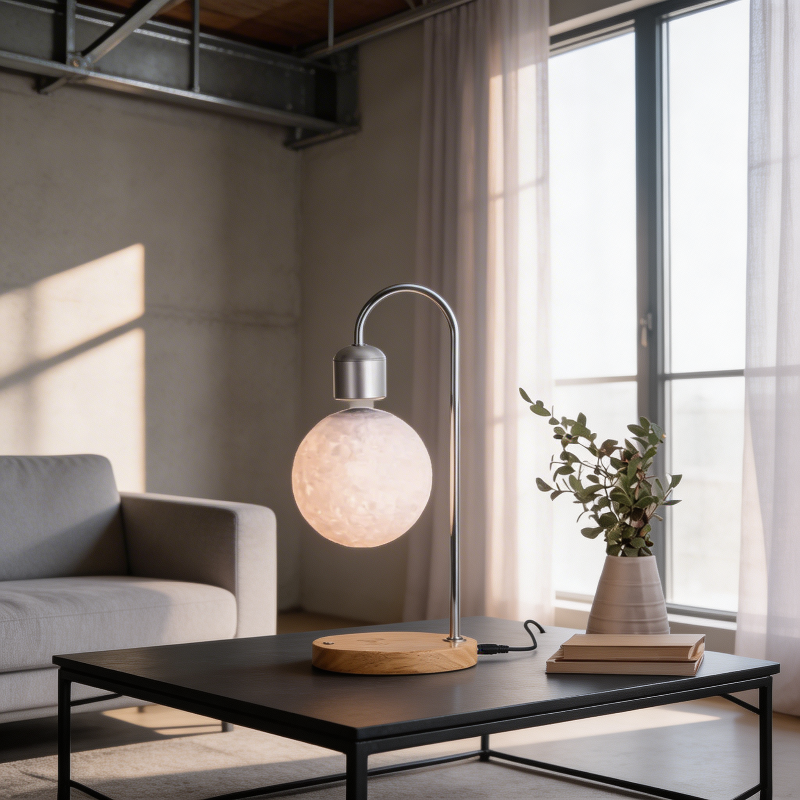 Selene floating moon lamp with wireless charging on desk in daylight