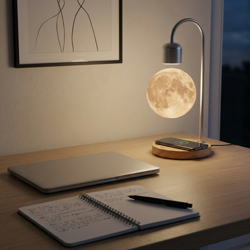 Selene floating moon lamp with wireless charging on desk beside notebook