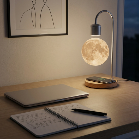 Selene floating moon lamp with wireless charging on desk beside notebook