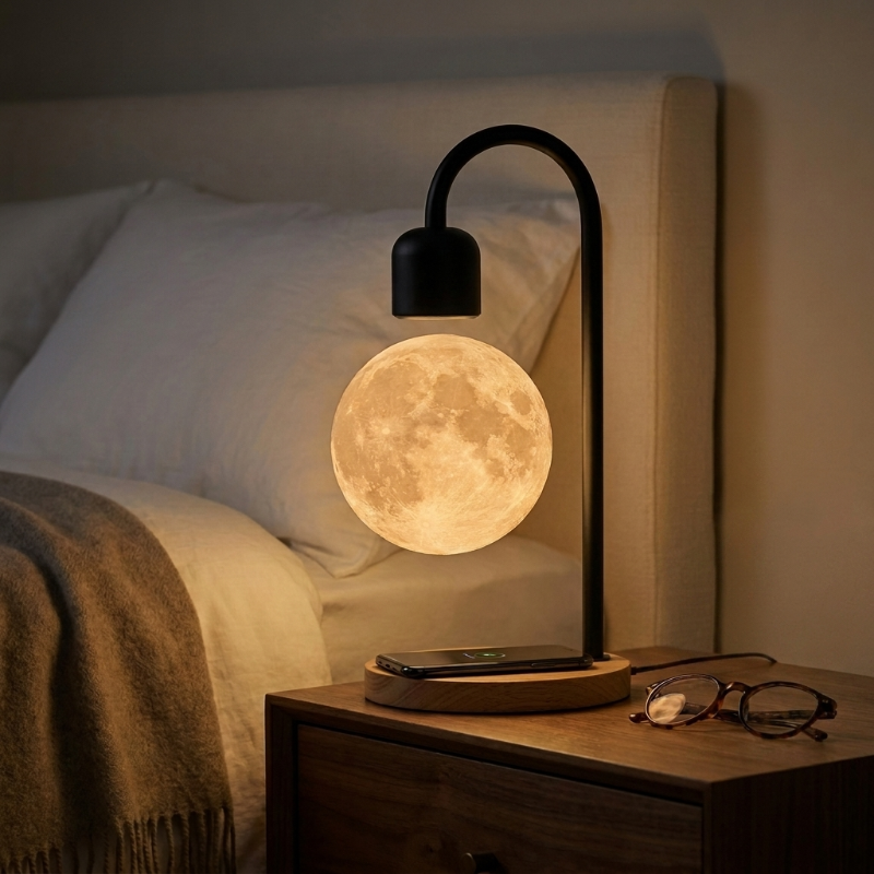 Selene floating moon lamp with wireless charging on bedside table with warm glow