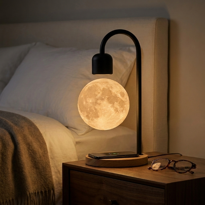 Selene floating moon lamp with wireless charging on bedside table with warm glow