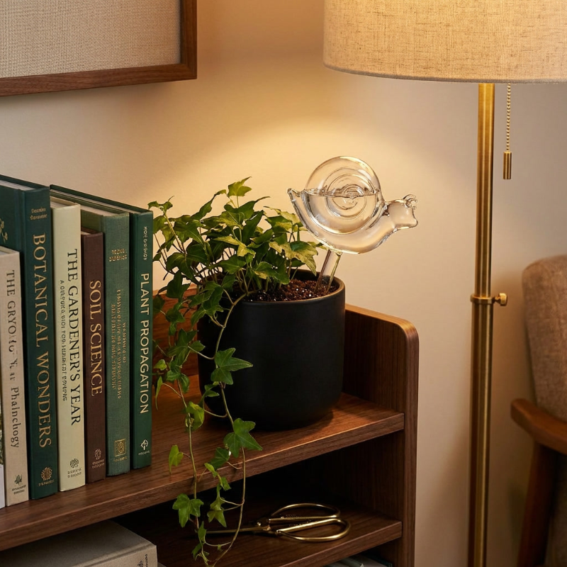 Self-watering glass plant vessel in potted plant on bookshelf