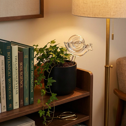 Self-watering glass plant vessel in potted plant on bookshelf