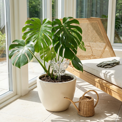 Self-watering glass plant vessel in potted plant on windowsill