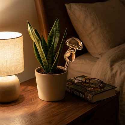 Self-watering glass plant vessel in potted plant beside lamp and books