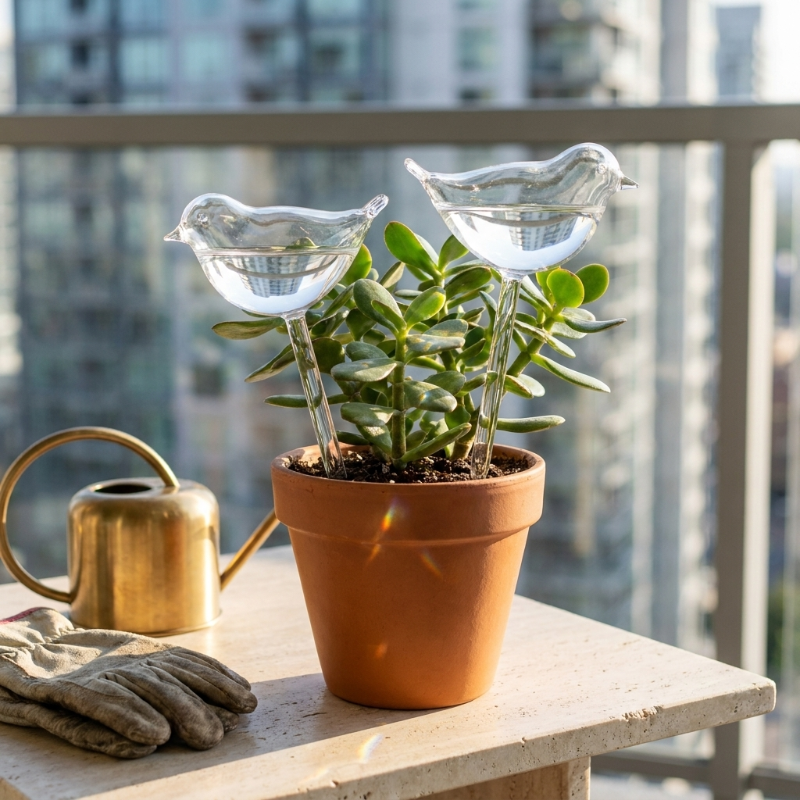 Self-watering glass plant vessel in terracotta plant pot by window