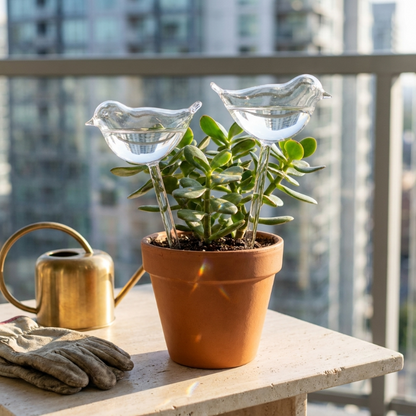 Self-watering glass plant vessel in terracotta plant pot by window