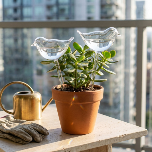 Self-watering glass plant vessel in terracotta plant pot by window
