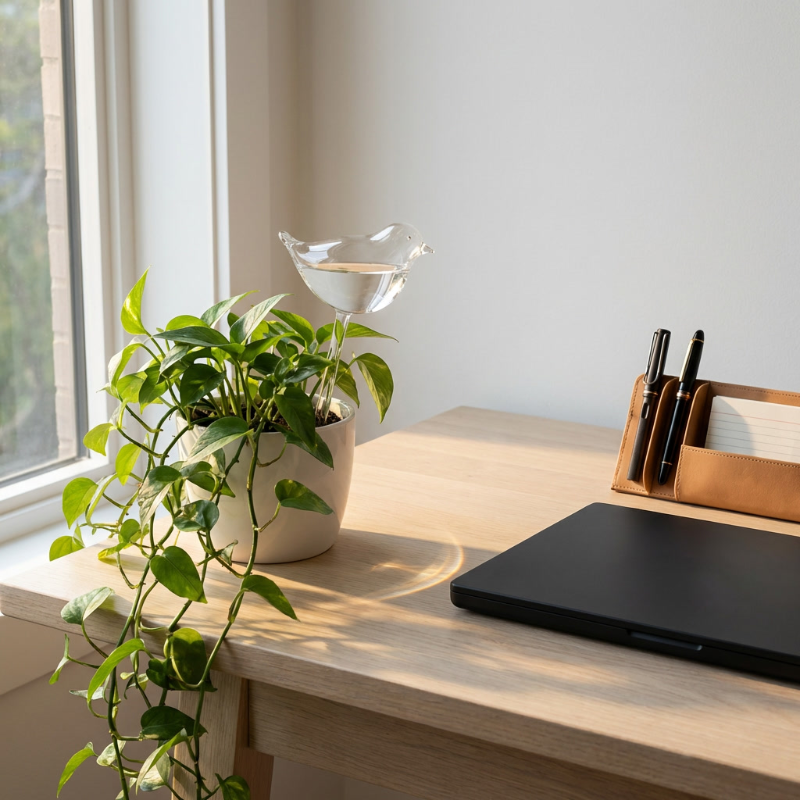 Self-watering glass plant vessel in bird shape in potted plant on desk
