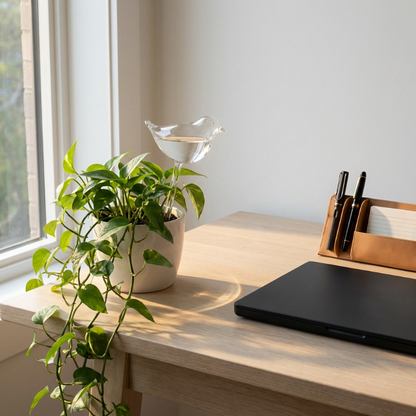 Self-watering glass plant vessel in bird shape in potted plant on desk