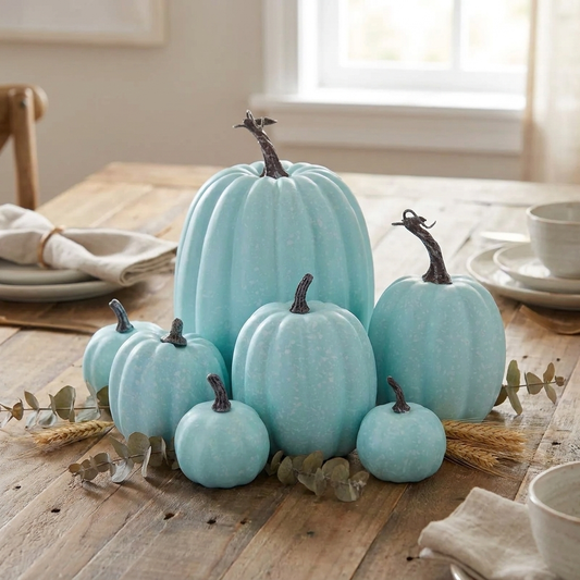 Seven pastel blue decorative pumpkins styled as a centerpiece on a dining table