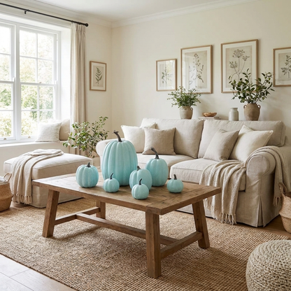 Pastel blue decorative pumpkins styled on a coffee table in a bright living room