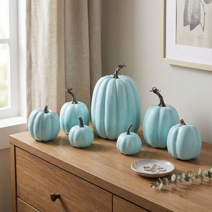 Pastel blue decorative pumpkins styled on a sideboard as a fall display