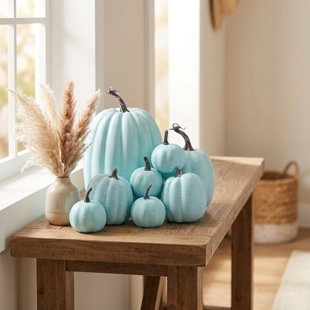 Pastel blue decorative pumpkins from the set arranged on a sunny windowsill