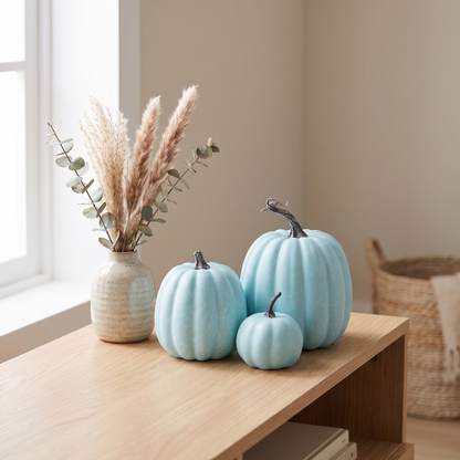 Pastel blue decorative pumpkins from the 7-Piece Pumpkin Set styled together