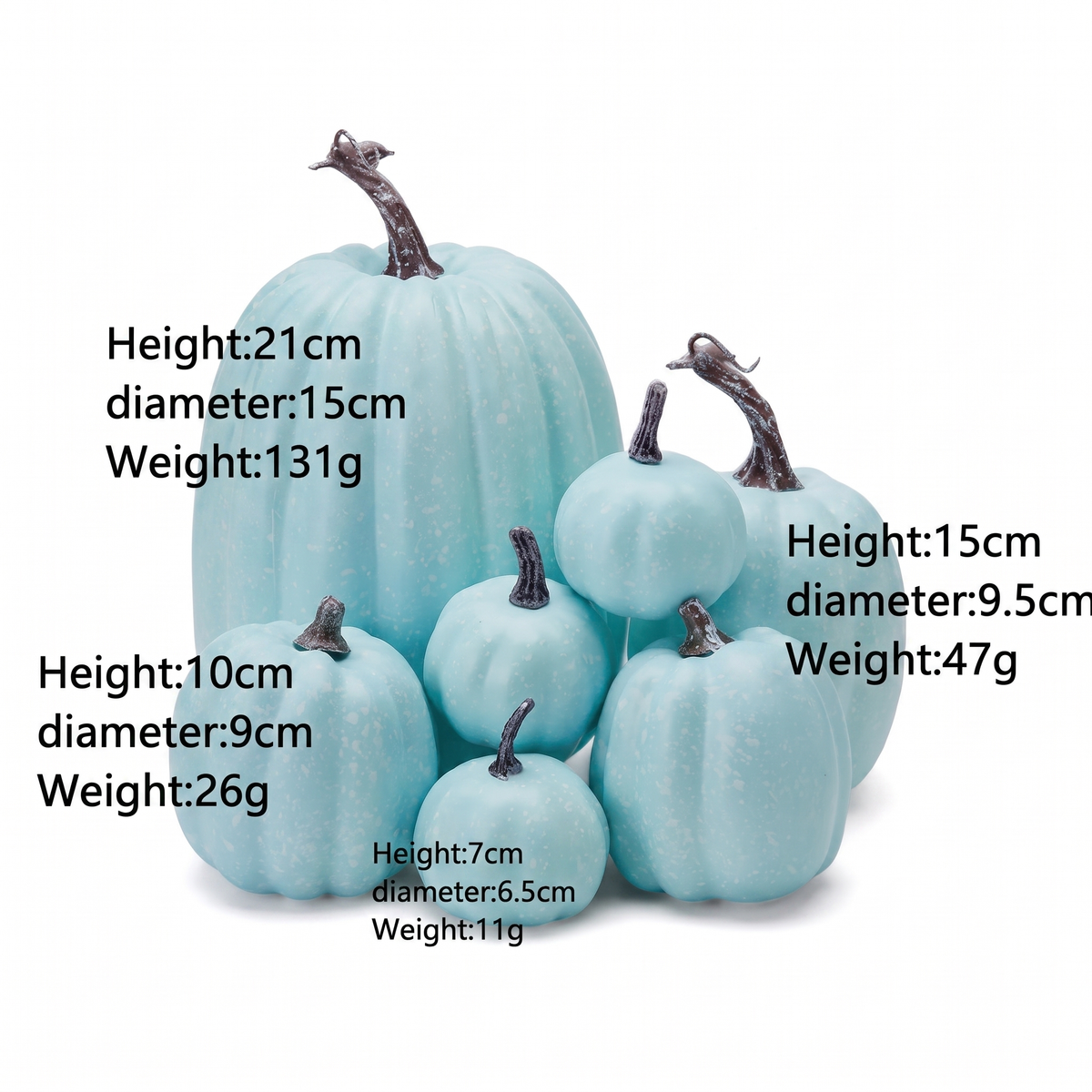 7-Piece Pumpkin Set dimensions diagram showing the assorted pumpkin sizes in inches and centimeters