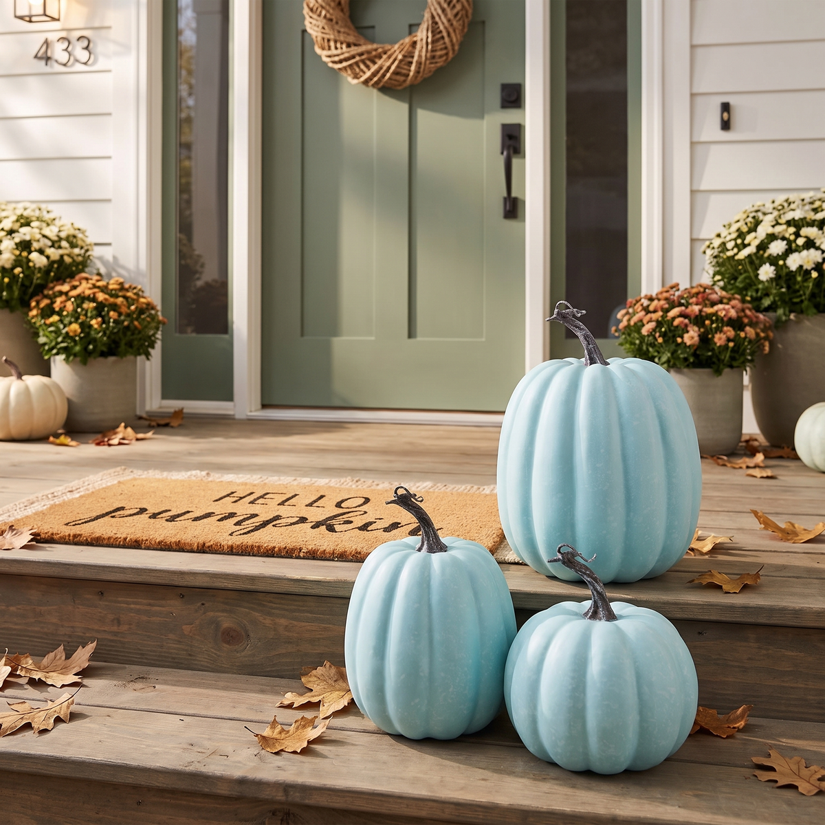 Pastel blue decorative pumpkins from the 7-Piece Pumpkin Set styled on front porch steps beside a front door for autumn