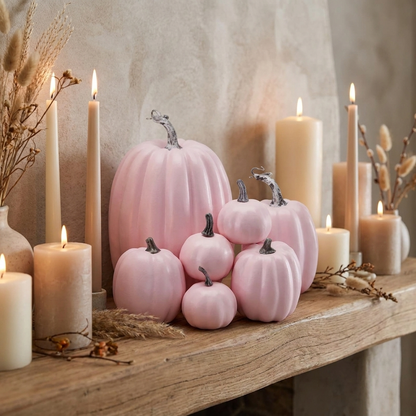 Pastel pink decorative pumpkins styled with candles for a cozy autumn display