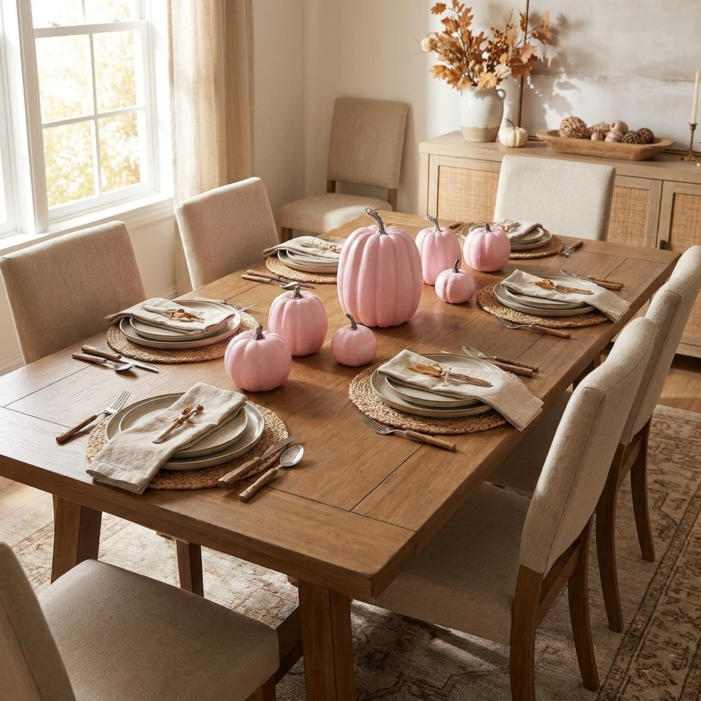 Seven pastel pink decorative pumpkins styled on a dining table place setting