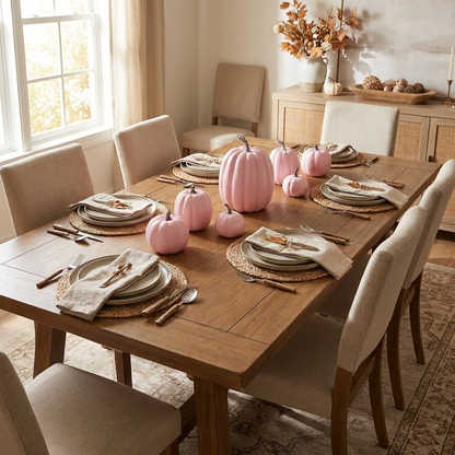 Seven pastel pink decorative pumpkins styled on a dining table place setting