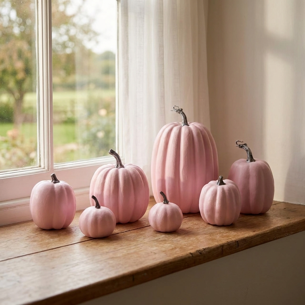 Pastel pink decorative pumpkins from the set arranged on a sunny windowsill