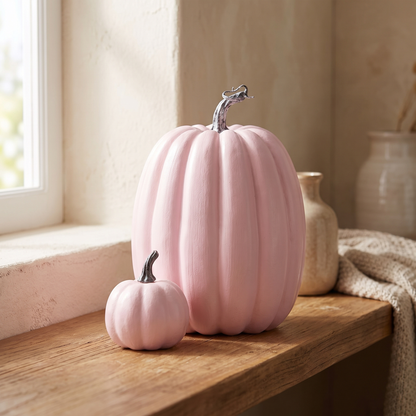 Pastel pink decorative pumpkins from the 7-Piece Pumpkin Set styled together