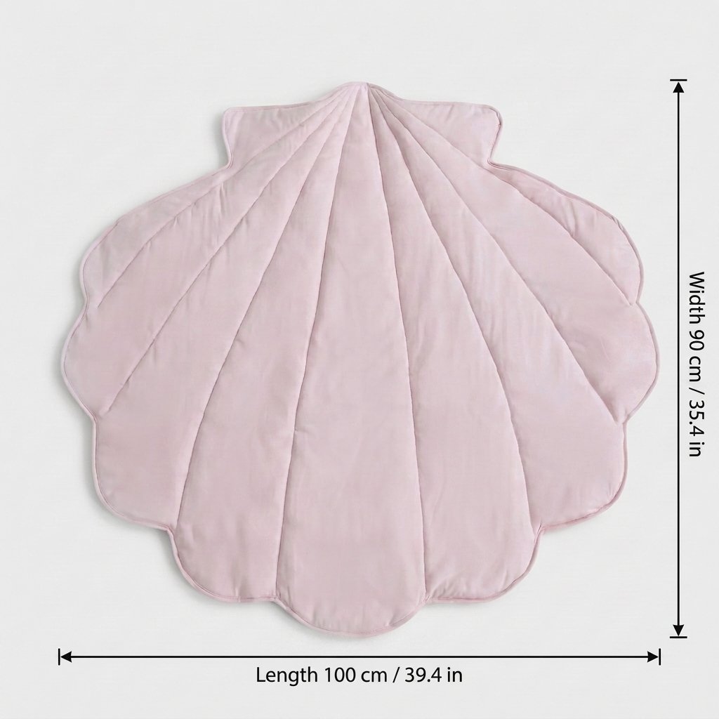 A pink quilted shell-shaped blanket or rug shown on a light gray background with dimension lines indicating a length of 100 cm (39.4 in) and a width of 90 cm (35.