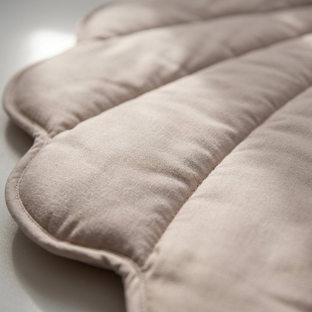 A close-up of a soft, quilted cushion or pad in a light taupe-beige fabric, showing the padded channels and scalloped edge against a neutral light background.