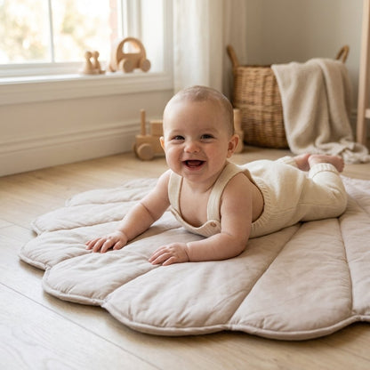 A baby wearing a cream knit romper lies on a matching cream quilted floor mat in a bright, neutral nursery. The baby is smiling and looking towards the camera, with wooden toys and a wicker basket in the background.