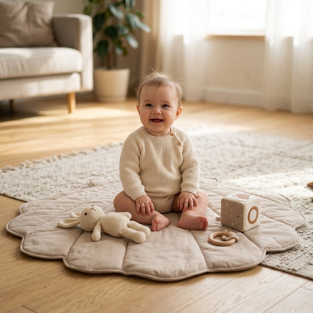 A baby sitting on a scalloped cream quilted play mat on a wooden floor, surrounded by a knitted bunny toy and a wooden block in a bright, modern nursery.