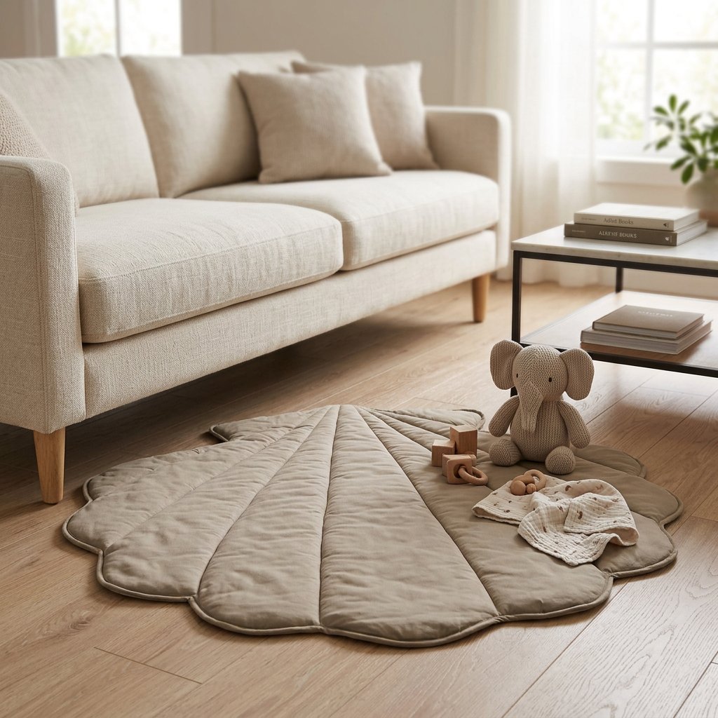 A beige quilted shell-shaped baby play rug on a light wood floor in a bright living room, styled with a plush elephant toy, wooden blocks, and a soft knit blanket.
