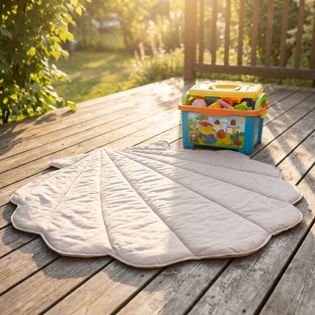 A large, shell-shaped quilted play mat in a light beige color is laid out on a wooden deck outdoors. A colorful plastic toy storage bin sits next to it on the deck, with a sunny garden background.