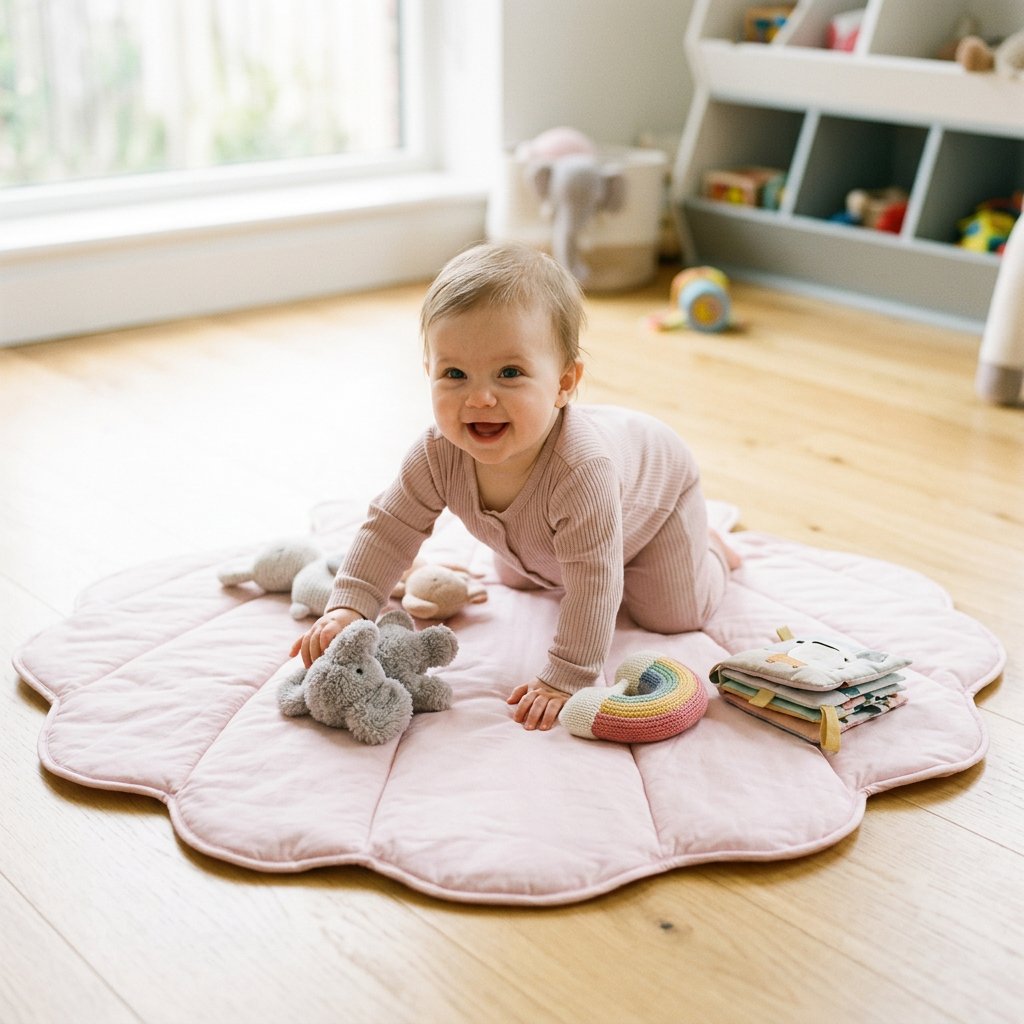 A baby in a pink ribbed romper crawls on a scalloped light pink quilted play mat on a wooden floor, surrounded by soft toys and a book in a bright nursery.