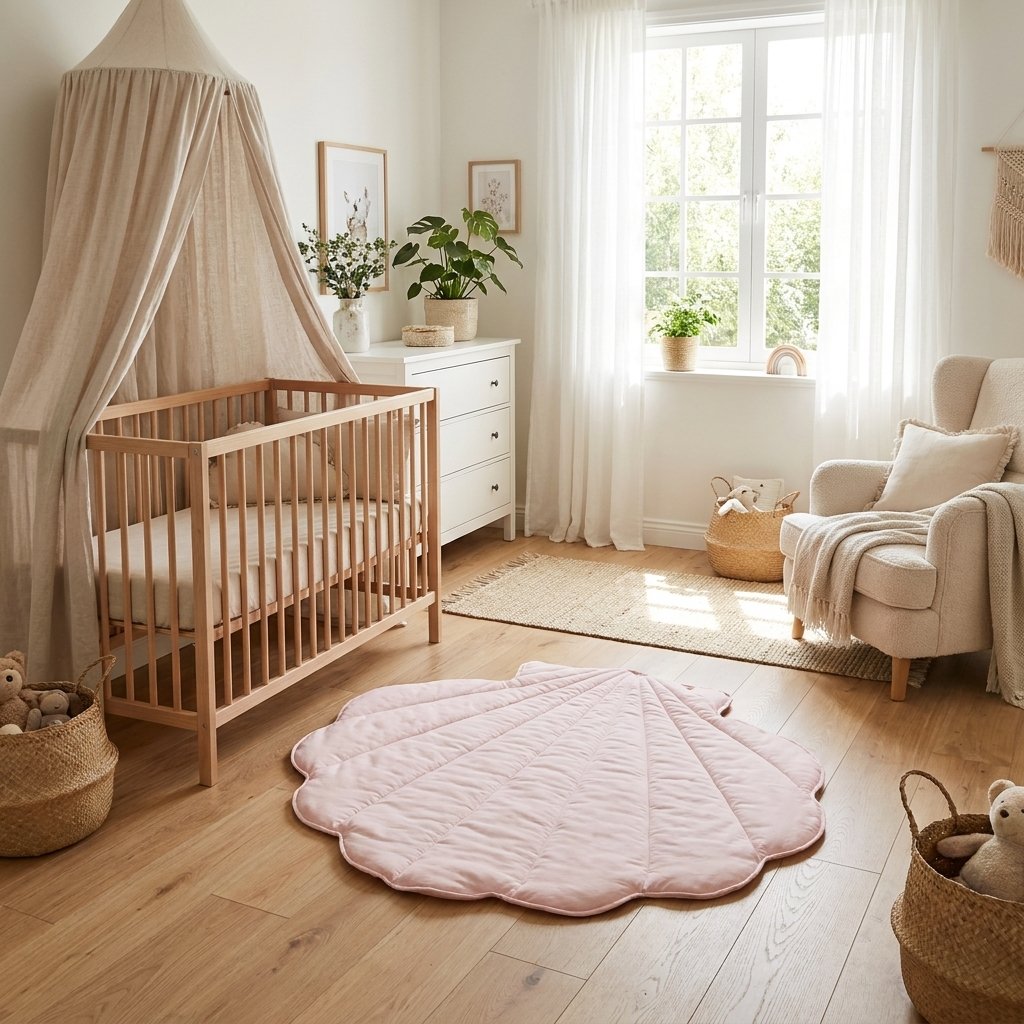A soft pink scalloped quilted play rug displayed in a bright, modern nursery with light wood floors, a wooden crib with a beige canopy, and a cream armchair by a window.