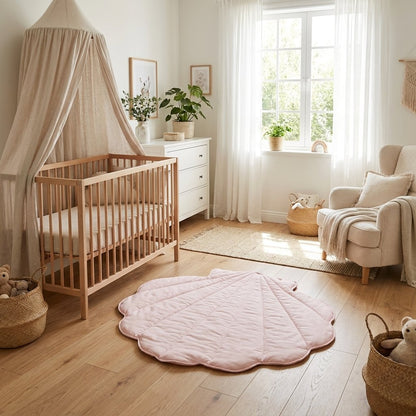 A soft pink scalloped quilted play rug displayed in a bright, modern nursery with light wood floors, a wooden crib with a beige canopy, and a cream armchair by a window.