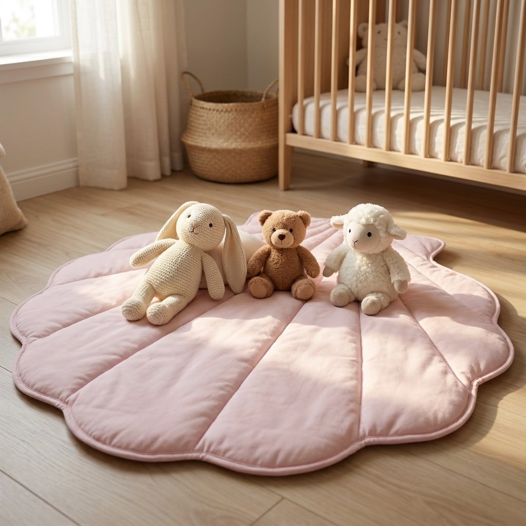 A large scalloped pink quilted baby floor mat in a nursery setting, styled with three plush toys: a cream bunny, a brown bear, and a white sheep. A wooden crib, woven basket, and soft window light are visible in the background.