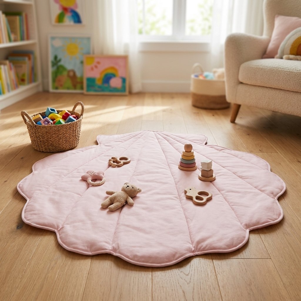 A pink quilted play mat with scalloped edges lies on a light wood floor in a bright nursery. The mat is styled with wooden toy pieces, a small stuffed bear, and a pink ring toy.