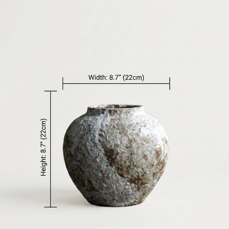 Ceramic rustic circular vase dimensions graphic on white background