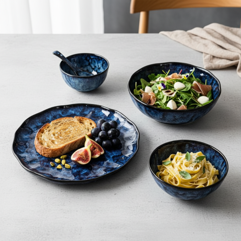 Set of blue ceramic dishes with food on a light gray surface