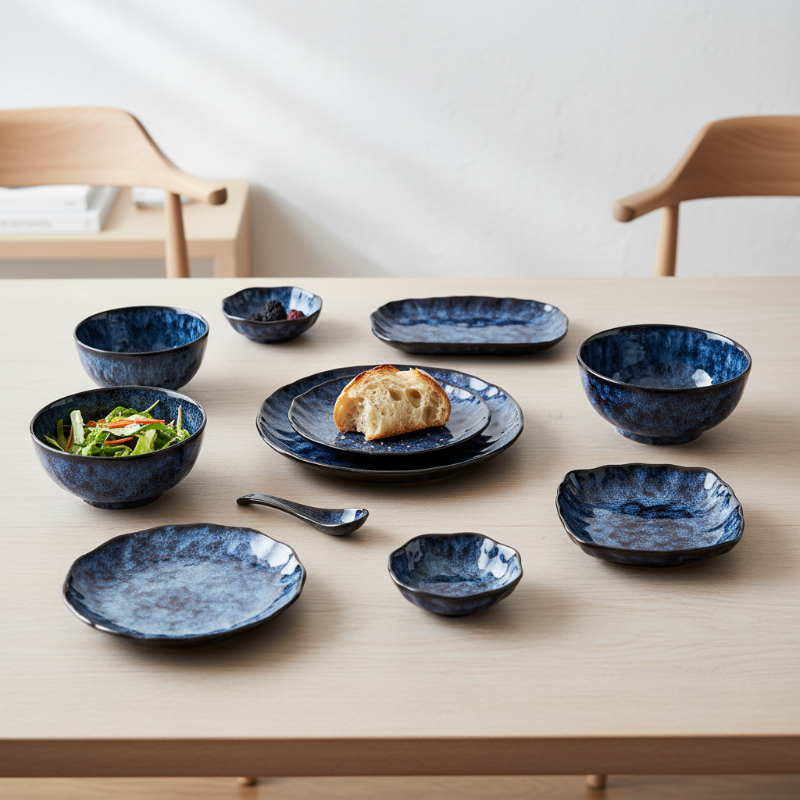 Set of blue ceramic dishes on a wooden table with food items.