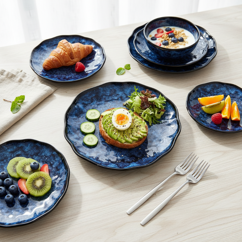 Set of blue ceramic plates with various breakfast foods on a light wooden surface.