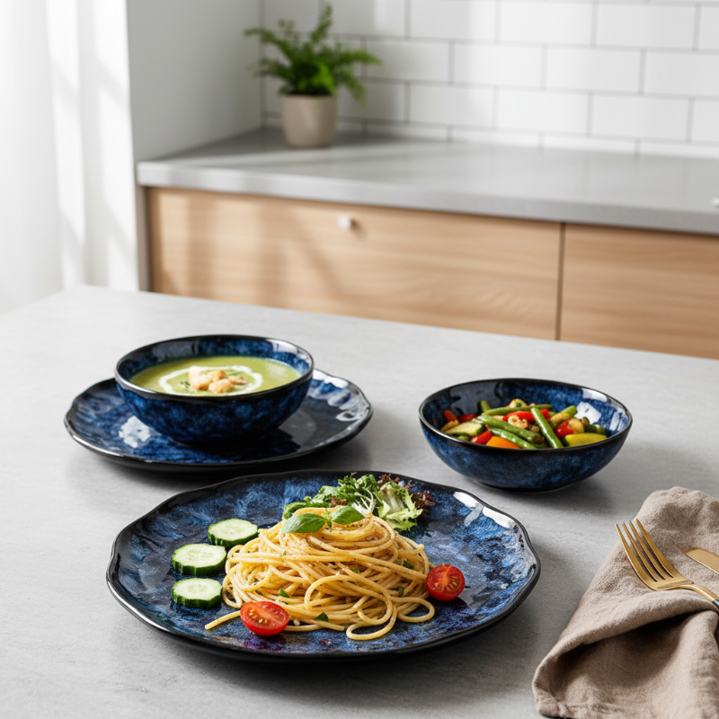 Three blue ceramic bowls with different dishes on a kitchen counter.