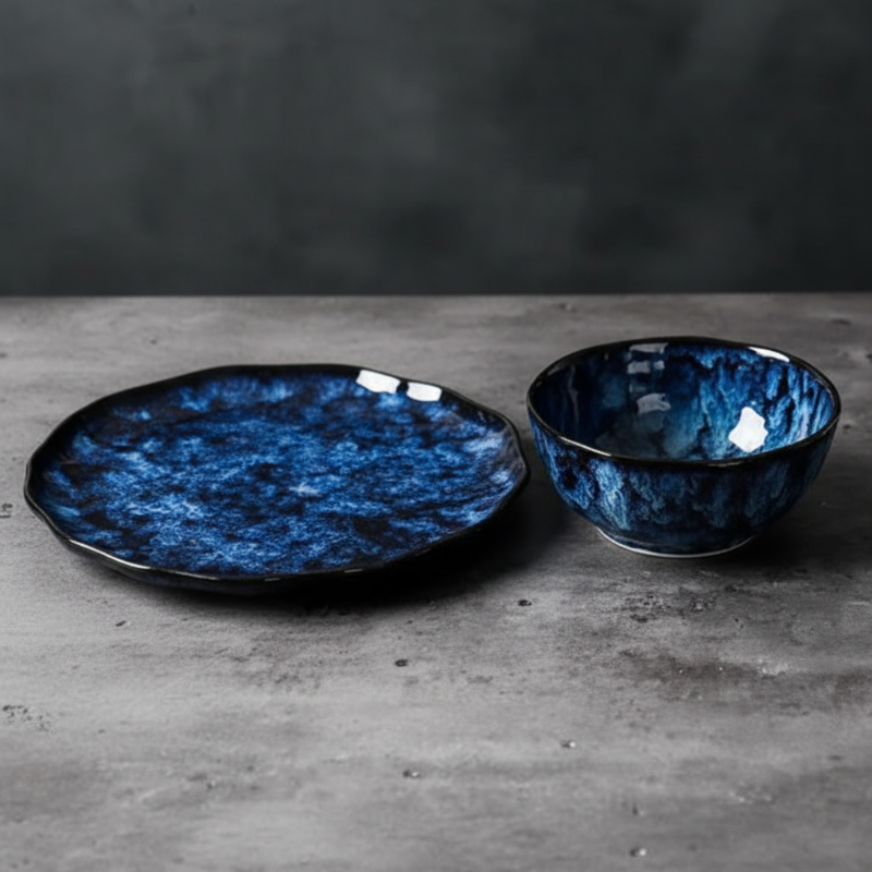 Two blue ceramic dishes on a gray surface with a dark background