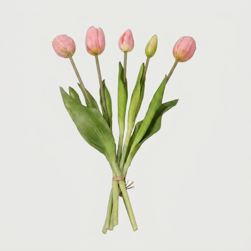 Faux silicone tulip stems in pale pink on white background