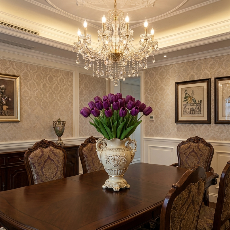 Faux silicone tulips in purple bouquet on dining table