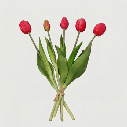 Faux silicone tulip stems in pink and red on white background